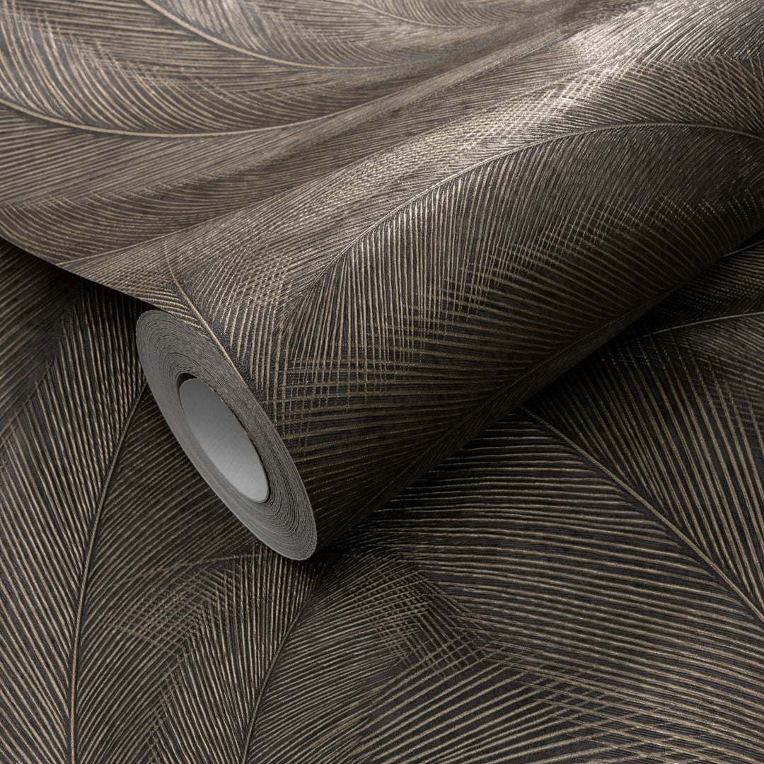 Wallpaper with elegant and slightly glossy leaves, brown/gold - 3776137