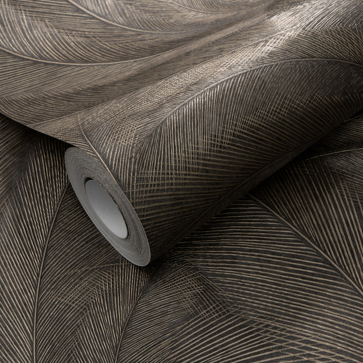 Wallpaper with elegant and slightly glossy leaves, brown/gold - 3776137