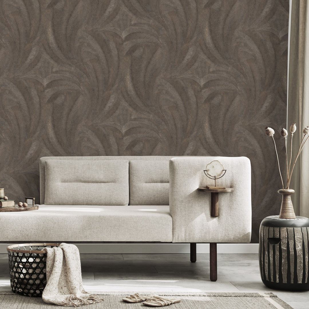 Wallpaper with elegant and slightly glossy leaves, brown/gold - 3776137