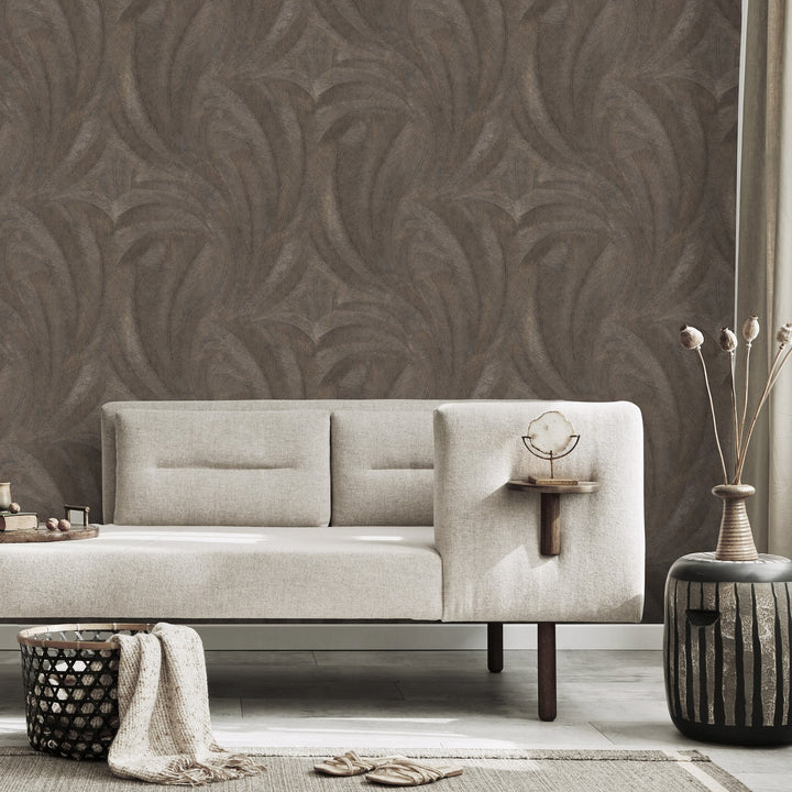 Wallpaper with elegant and slightly glossy leaves, brown/gold - 3776137