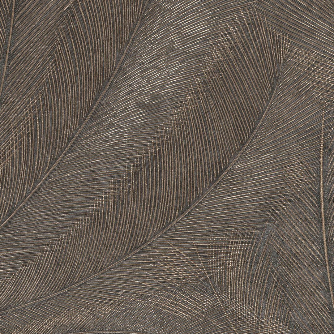 Wallpaper with elegant and slightly glossy leaves, brown/gold - 3776137