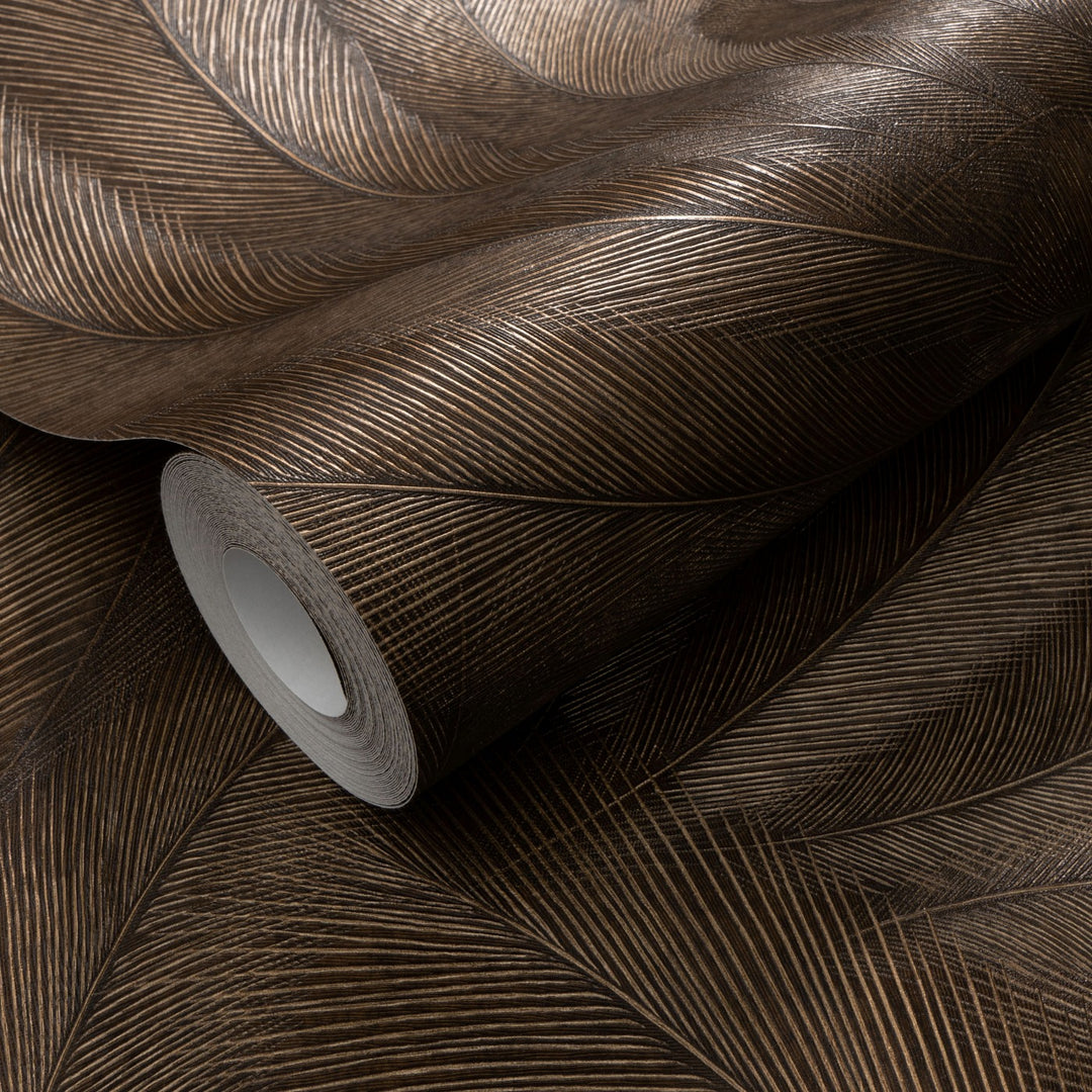 Wallpaper with elegant and slightly glossy leaves in copper - 3776140