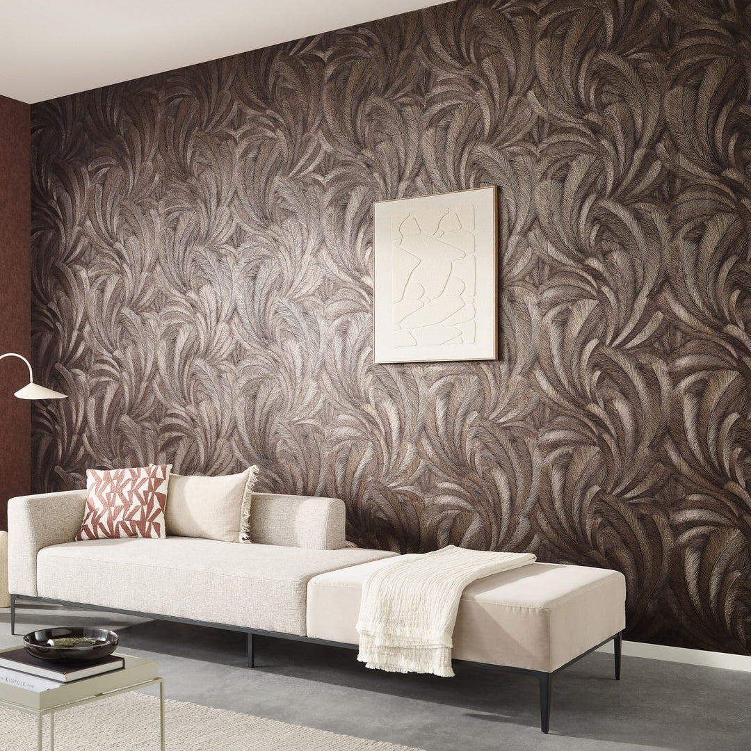 Wallpaper with elegant and slightly glossy leaves in copper - 3776140