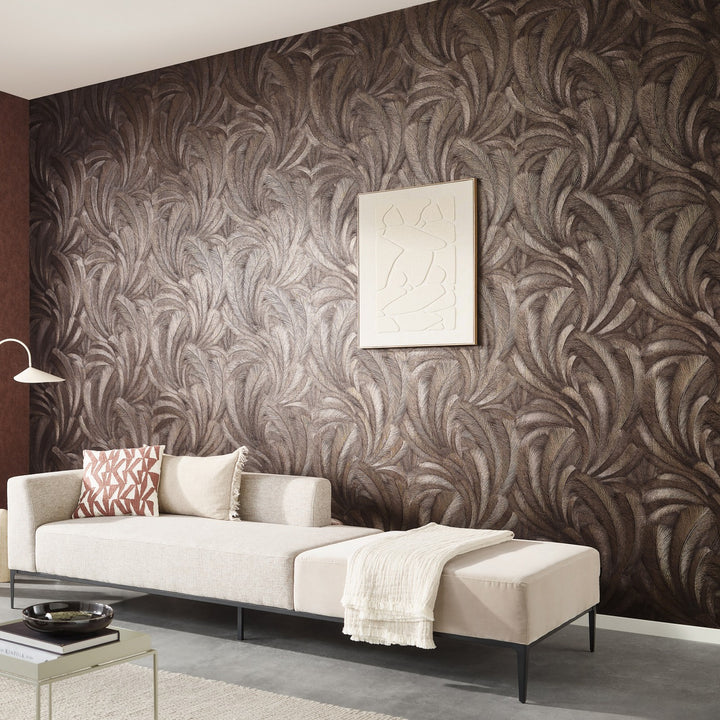 Wallpaper with elegant and slightly glossy leaves in copper - 3776140