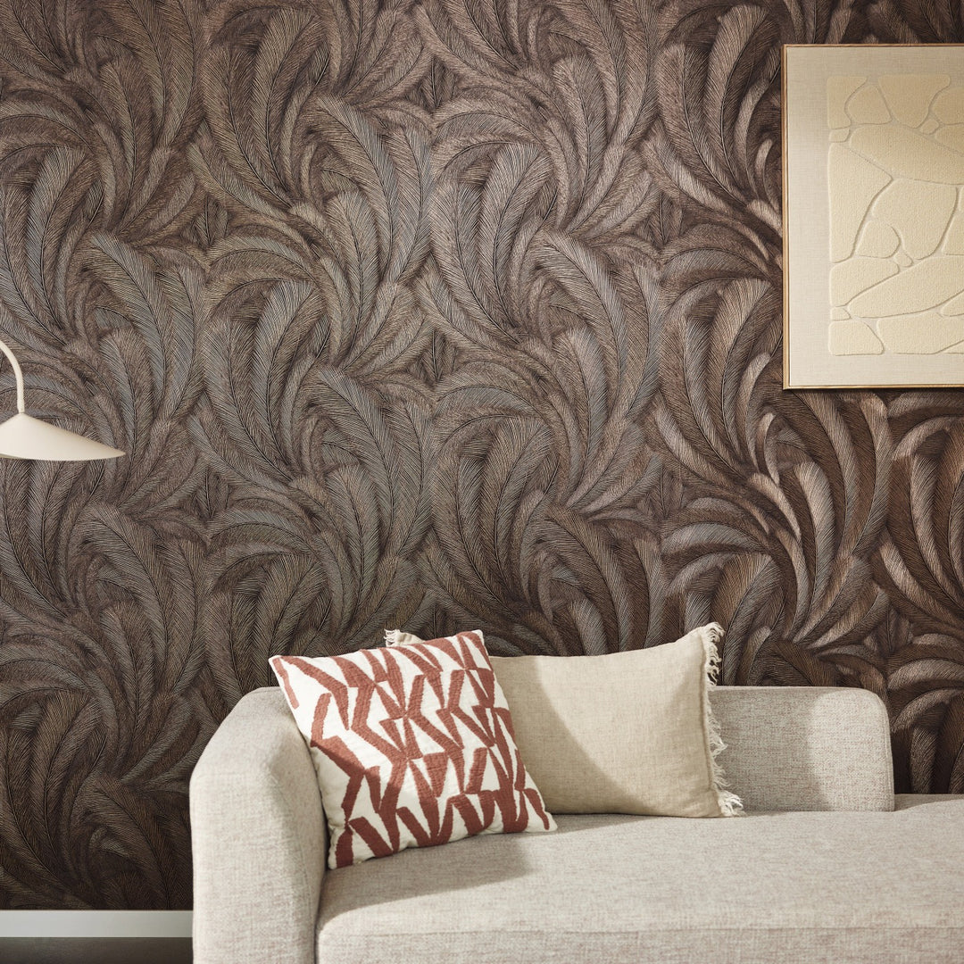 Wallpaper with elegant and slightly glossy leaves in copper - 3776140