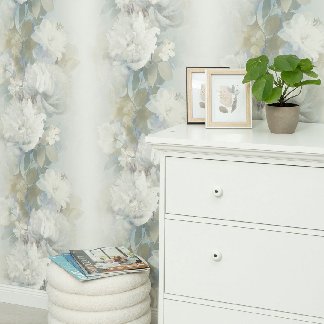 Romanttinen tapetti, jossa on herkkiä kukkamuotoja, vihreä/sininen/valkoinen - 4005254