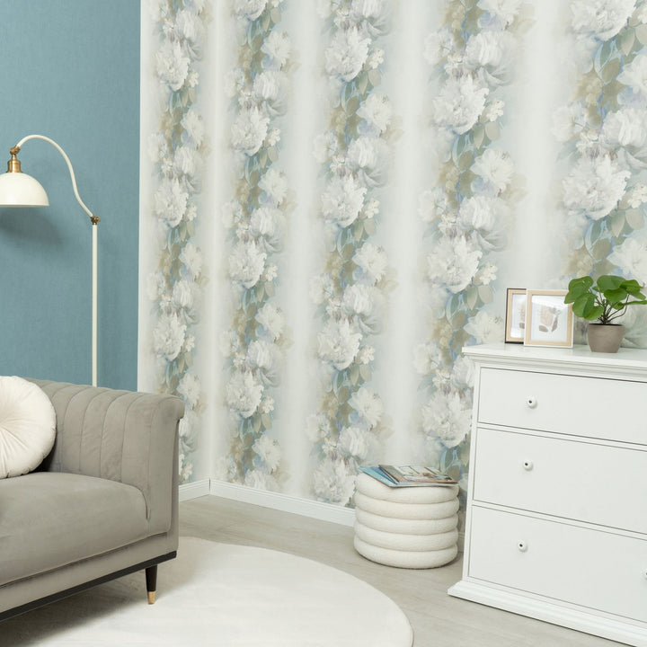 Romanttinen tapetti, jossa on herkkiä kukkamuotoja, vihreä/sininen/valkoinen - 4005254