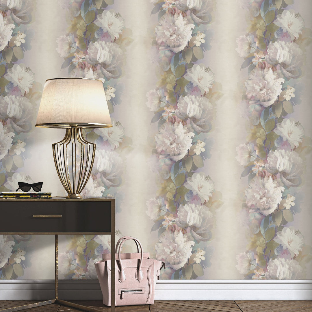 Romantiskas tapetes ar maigām ziedu formām, roza/zaļa/violeta - 4005255