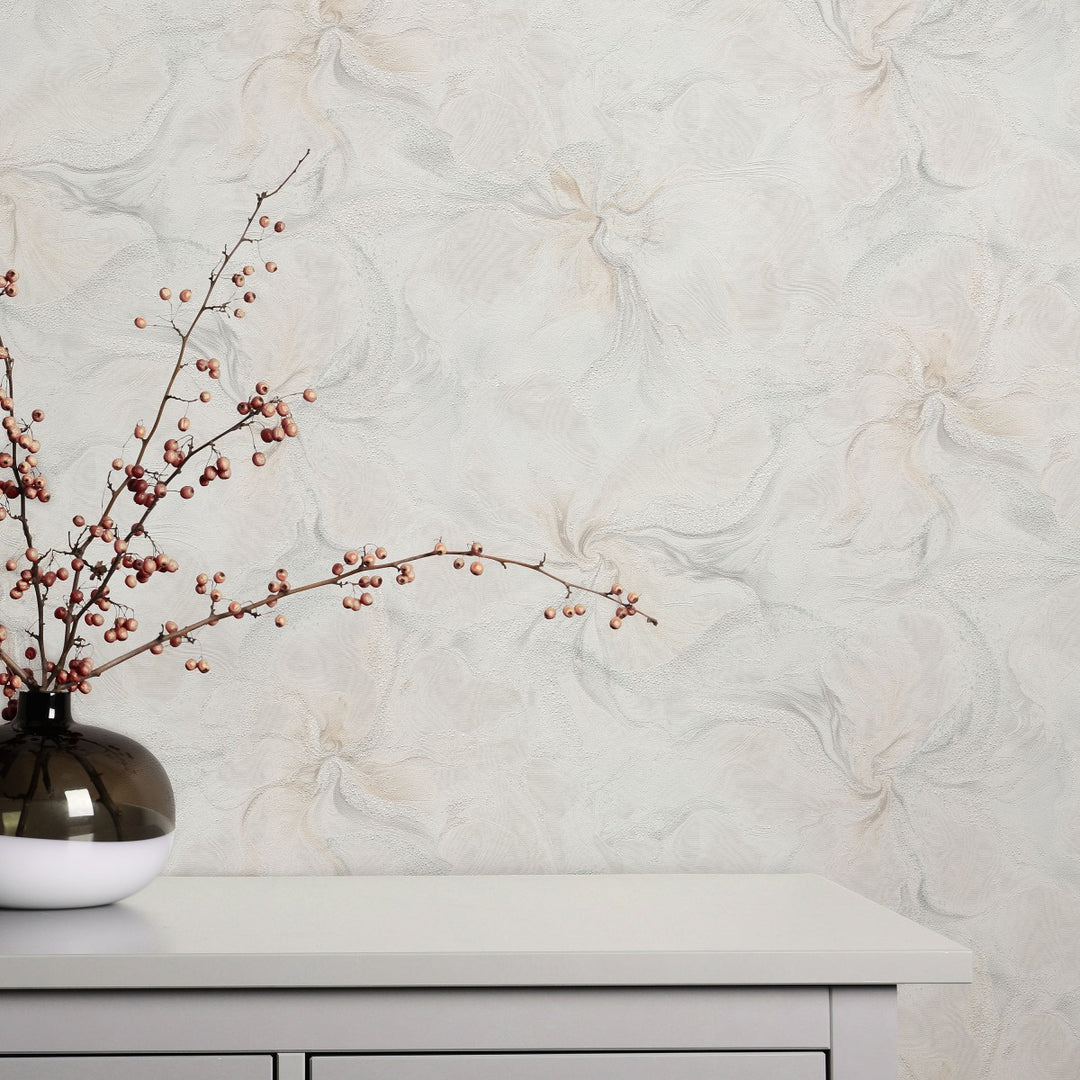 Обои с органическими мраморными вихрями и блестящим эффектом, светло-серый/белый - 4005412