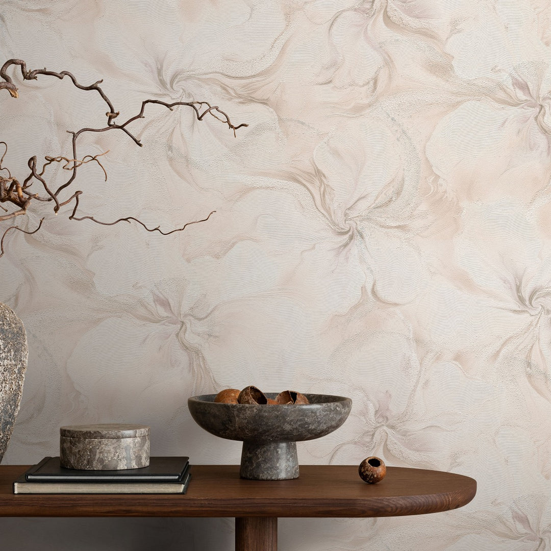 Обои с органическими мраморными вихрями и мерцающим эффектом, розовые - 4005415