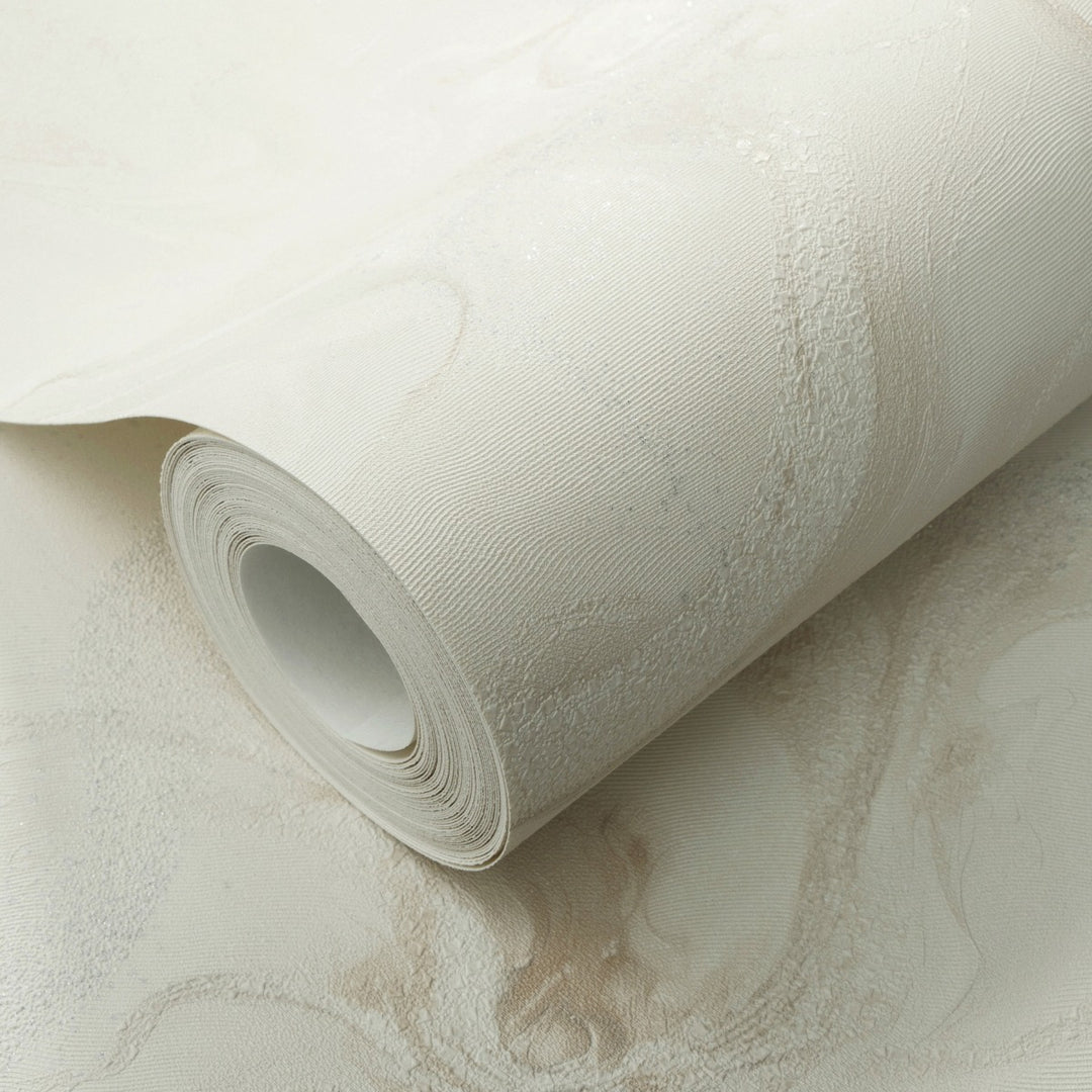 Wallpaper with organic marble swirls and shiny effect, cream - 4005426