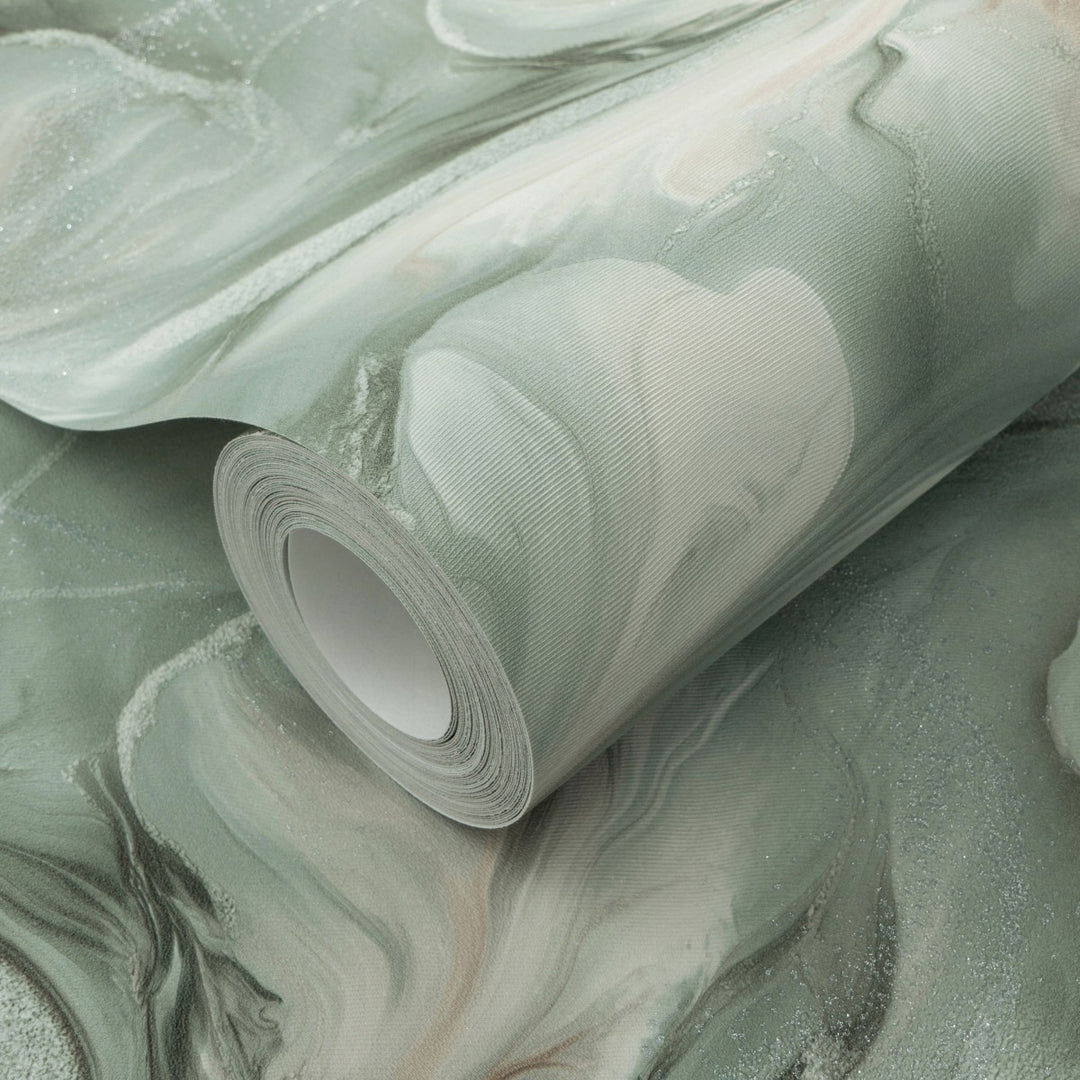 Обои с органическими мраморными вихрями и мерцающим эффектом, бирюзовые - 4005432