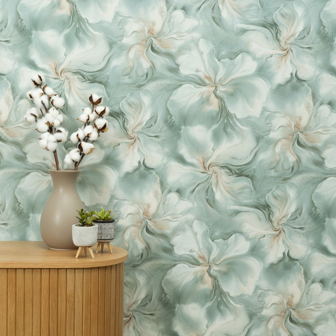 Обои с органическими мраморными вихрями и мерцающим эффектом, бирюзовые - 4005432