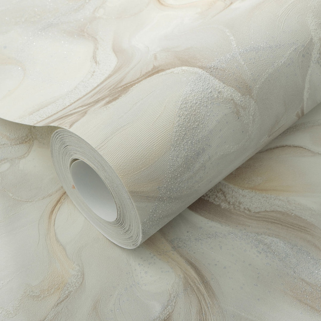 Wallpaper with organic marble swirls and shimmer effect, beige/ taupe/cream - 4005456