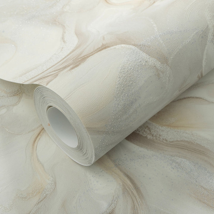 Wallpaper with organic marble swirls and shimmer effect, beige/ taupe/cream - 4005456