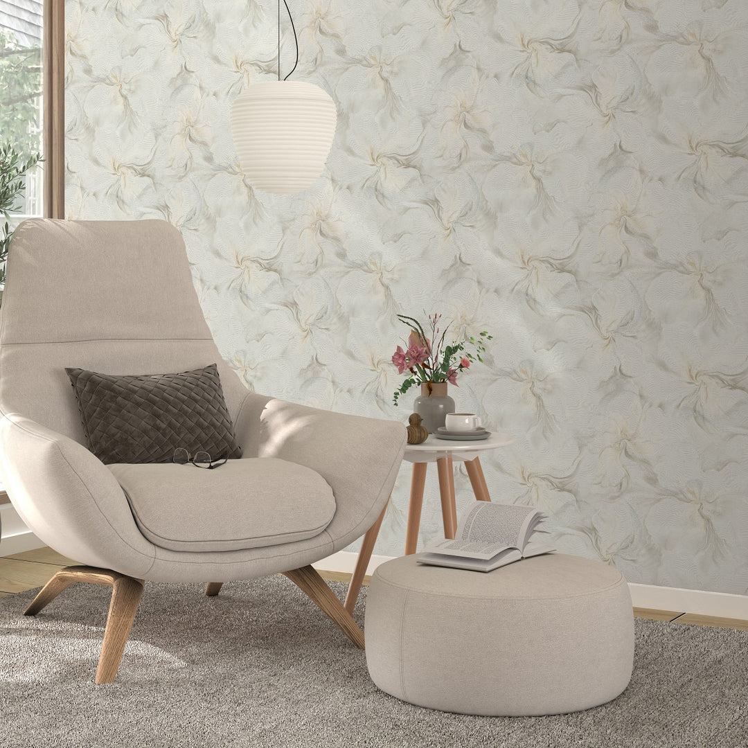 Wallpaper with organic marble swirls and shimmer effect, beige/ taupe/cream - 4005456