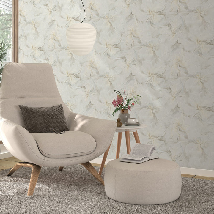 Wallpaper with organic marble swirls and shimmer effect, beige/ taupe/cream - 4005456