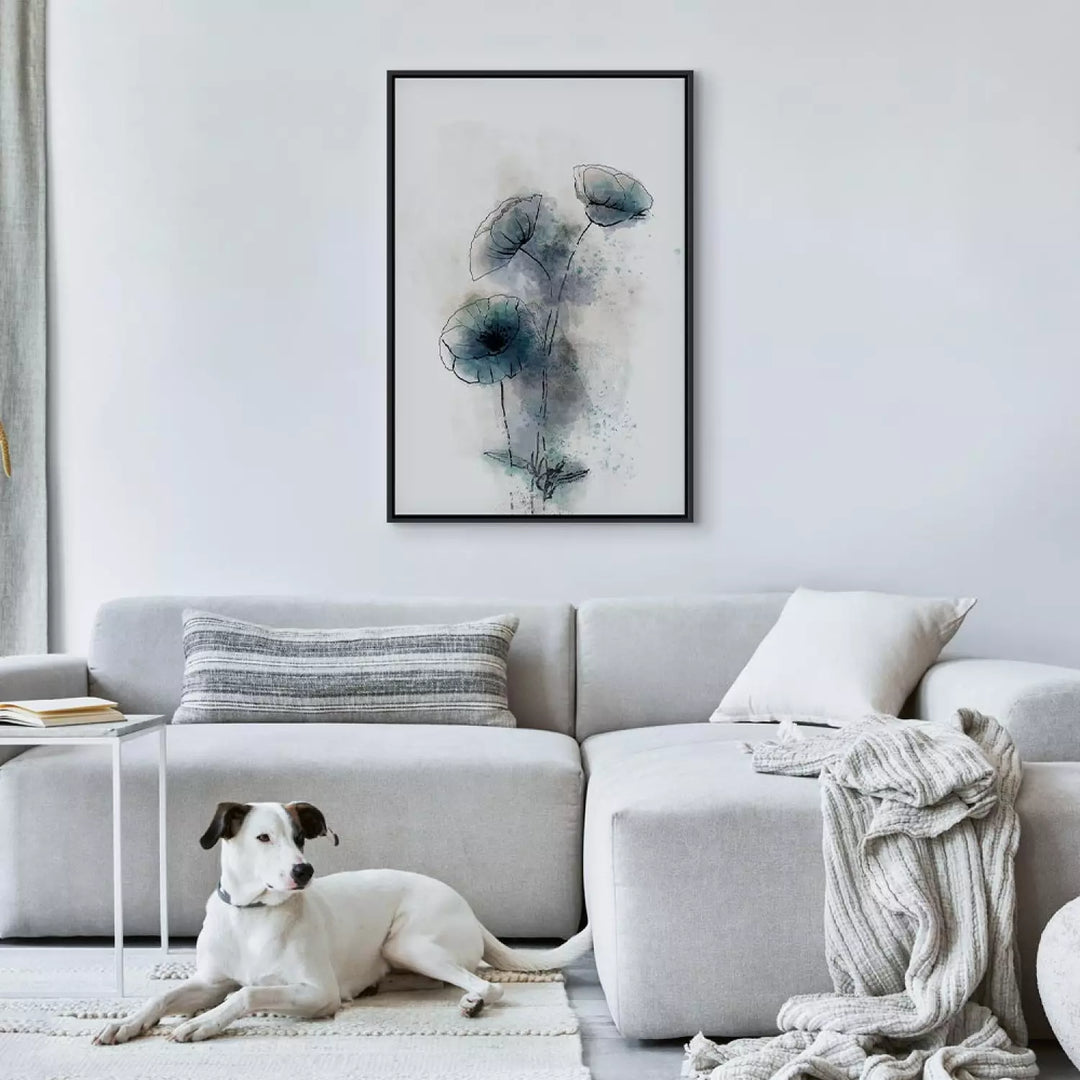 Painting in black wooden frame - abstract blue poppies, 131974