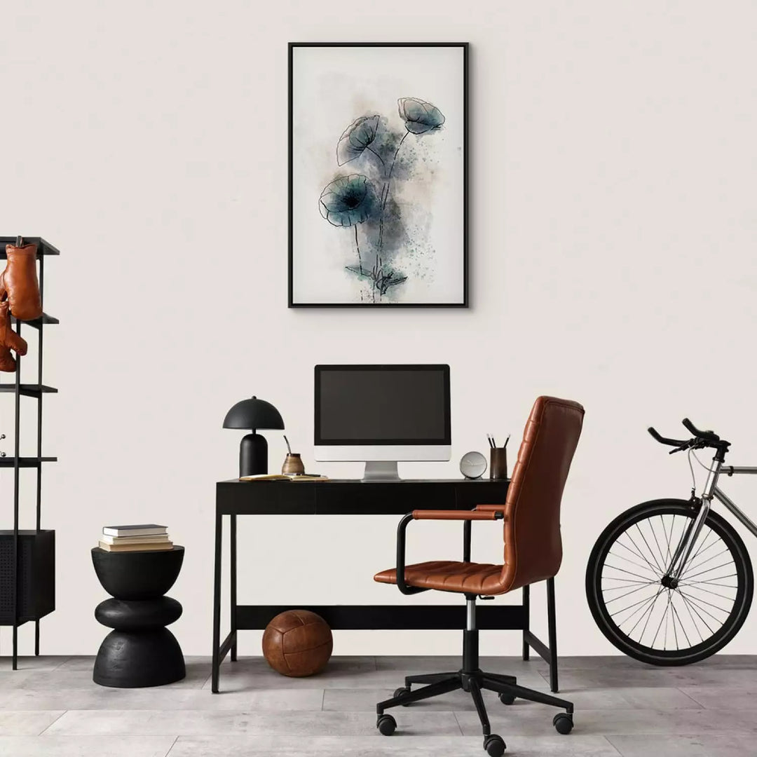 Painting in black wooden frame - abstract blue poppies, 131974