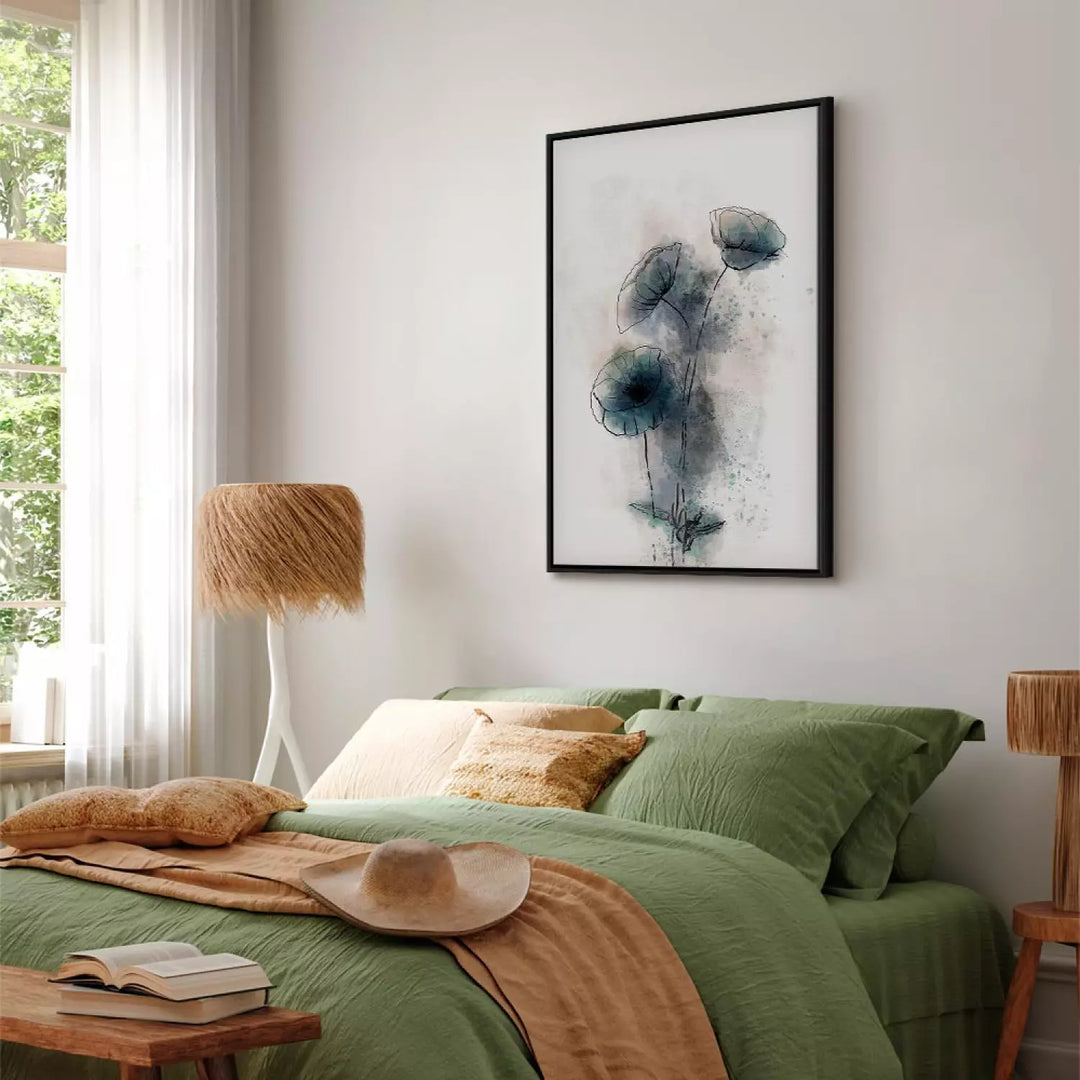 Painting in black wooden frame - abstract blue poppies, 131974