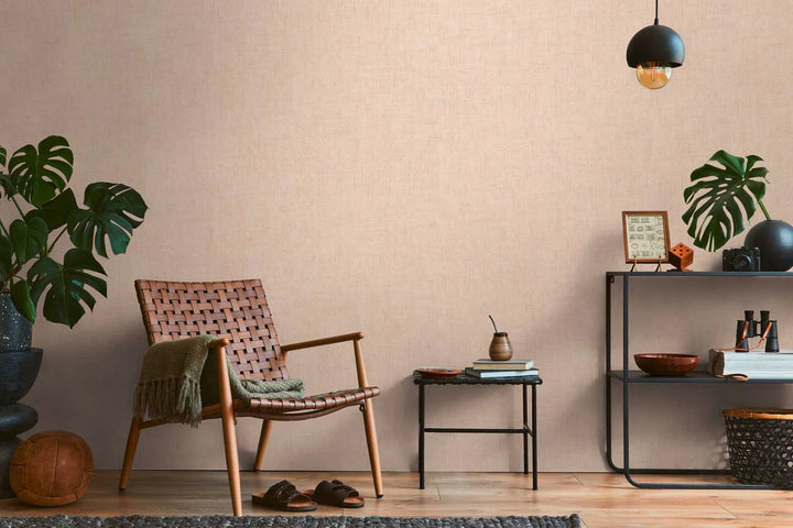 Vienkrāsainas neaustas tapetes ar dabisku lina tekstūru | rozā - 3007651