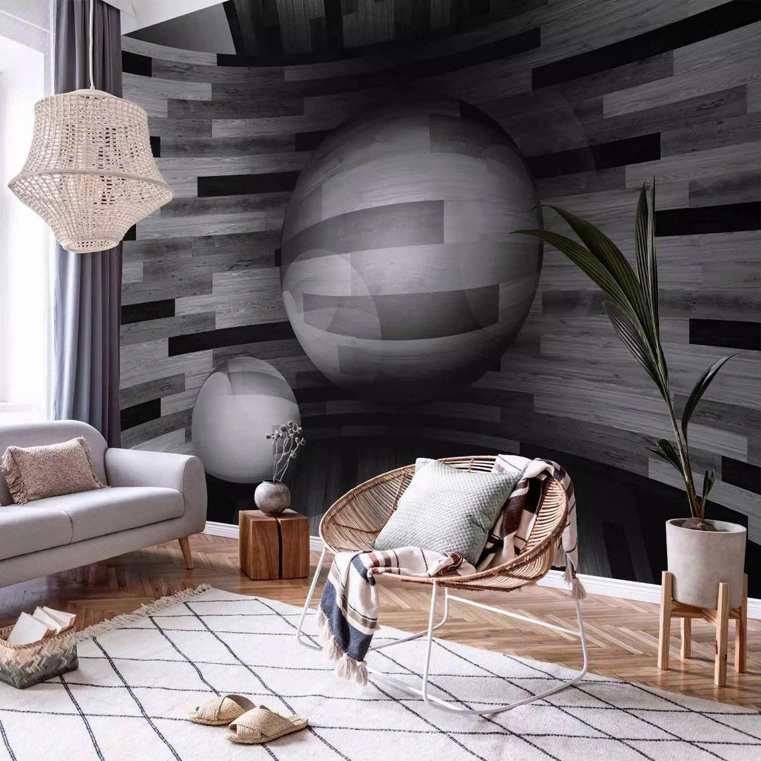 3D fototapetes ar perspektīvu - Pelēka koka sfēra, 97060 Tapetenshop.lv