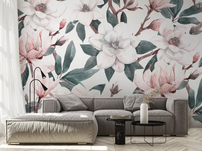 450x315 cm Fototapetes Pavasara magnolijas zaļos, baltos un rozā toņos, 137262 G-ART