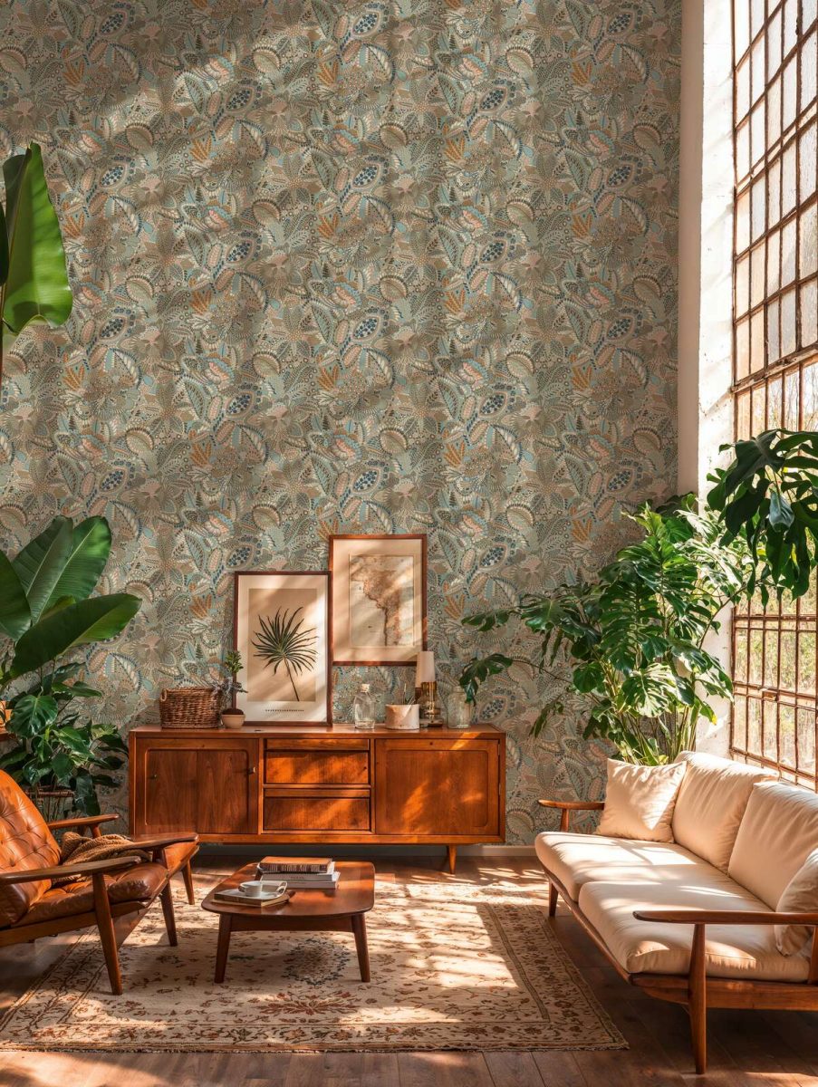 Нетканые обои с цветочными и лиственными орнаментами и тонкой фактурой | синий, серый, розовый - 2763737