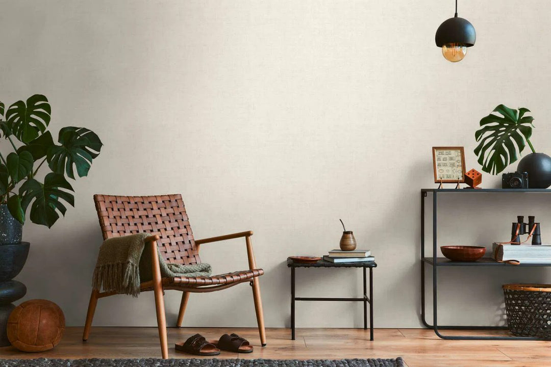 Yksivärinen kuitukangastapetti, jossa on luonnollinen pellavatekstiili | vaaleat lämpimät sävyt - 3007655