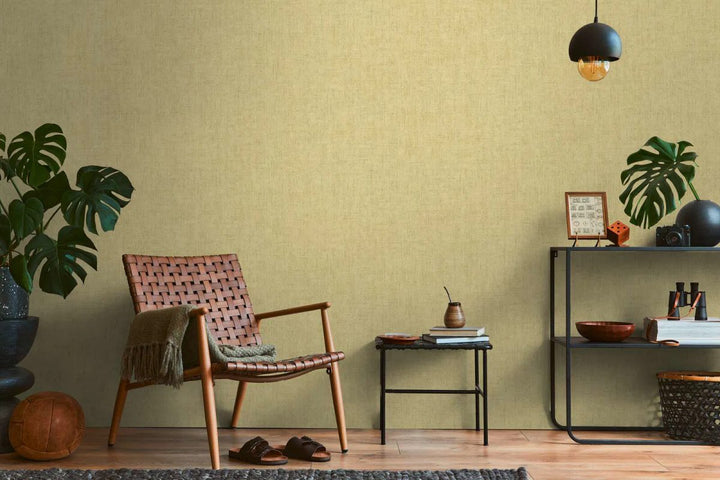 Vienkrāsainas neaustas tapetes ar dabisku lina tekstūru | Zaļgandzeltena - 3007657