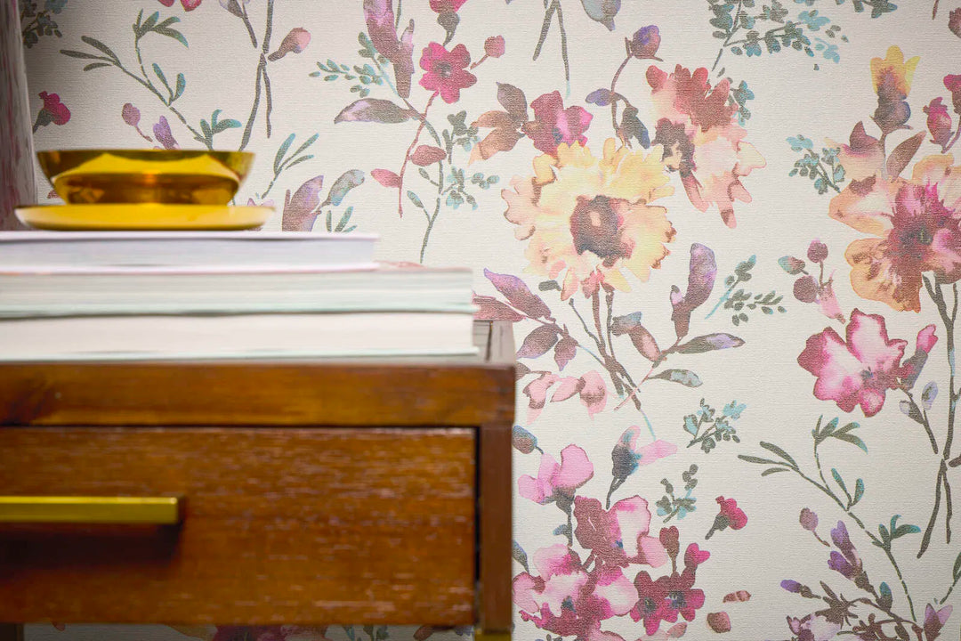 Обои на нетканой основе с романтическим цветочным рисунком в пастельных тонах с глянцевым эффектом - белый, металлик, зеленый - 3010123