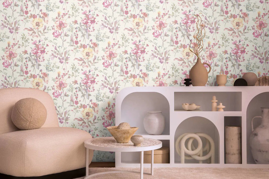 Обои на нетканой основе с романтическим цветочным рисунком в пастельных тонах с глянцевым эффектом - белый, металлик, зеленый - 3010123