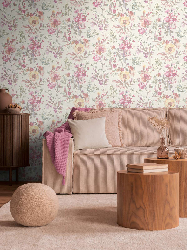 Обои на нетканой основе с романтическим цветочным рисунком в пастельных тонах с глянцевым эффектом - белый, металлик, зеленый - 3010123