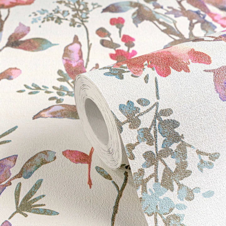 Обои на нетканой основе с романтическим цветочным рисунком в пастельных тонах с глянцевым эффектом - белый, металлик, зеленый - 3010123