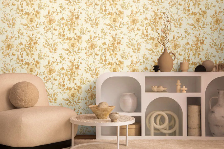 Обои на нетканой основе с цветочным рисунком | бежевый, золотой, кремовый - 3010126
