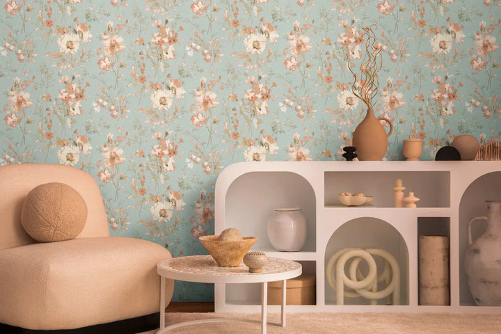 Обои на нетканой основе с легким блеском и игривым цветочным рисунком в зеленовато-голубых тонах - 3010130