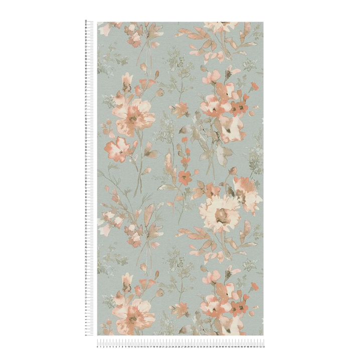 Обои на нетканой основе с легким блеском и игривым цветочным рисунком в зеленовато-голубых тонах - 3010130