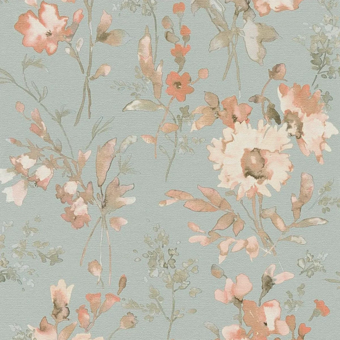 Обои на нетканой основе с легким блеском и игривым цветочным рисунком в зеленовато-голубых тонах - 3010130