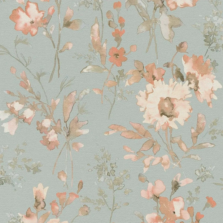 Обои на нетканой основе с легким блеском и игривым цветочным рисунком в зеленовато-голубых тонах - 3010130
