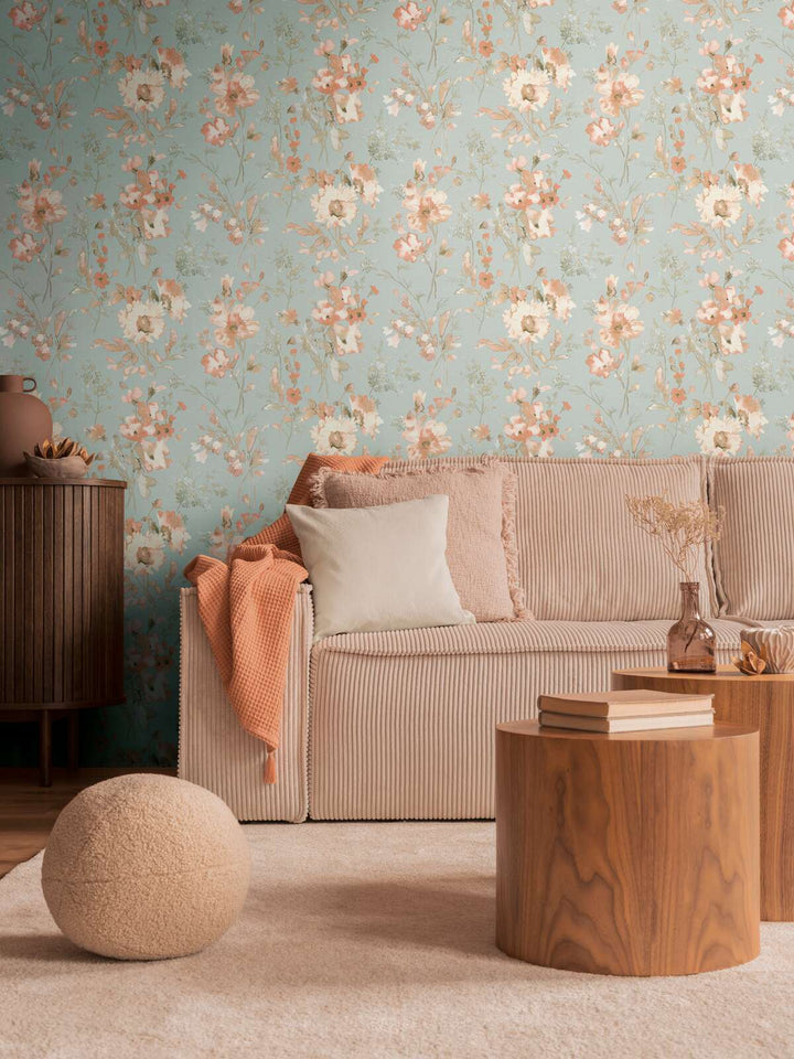 Обои на нетканой основе с легким блеском и игривым цветочным рисунком в зеленовато-голубых тонах - 3010130