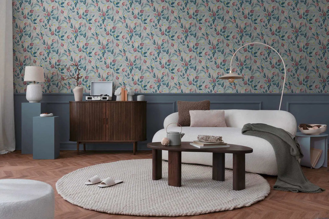 Wallpaper in pastel shades with exotic flowers on a soft blue background - blue, pink, pink - 3010135