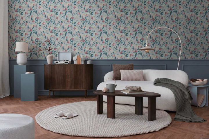 Wallpaper in pastel shades with exotic flowers on a soft blue background - blue, pink, pink - 3010135