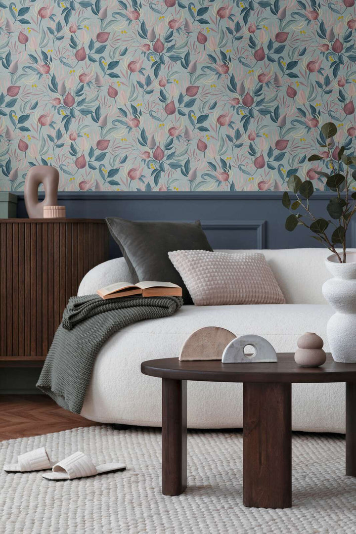 Wallpaper in pastel shades with exotic flowers on a soft blue background - blue, pink, pink - 3010135