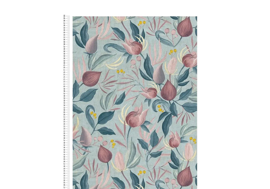 Wallpaper in pastel shades with exotic flowers on a soft blue background - blue, pink, pink - 3010135