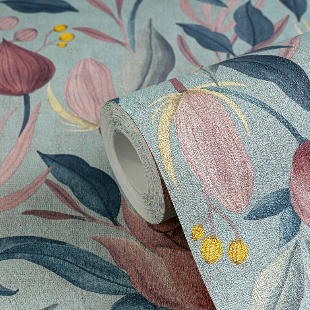 Wallpaper in pastel shades with exotic flowers on a soft blue background - blue, pink, pink - 3010135