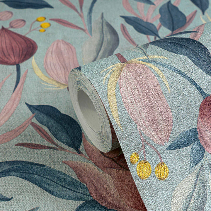 Wallpaper in pastel shades with exotic flowers on a soft blue background - blue, pink, pink - 3010135