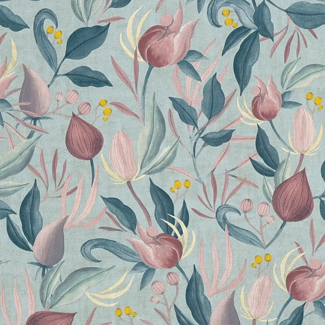 Wallpaper in pastel shades with exotic flowers on a soft blue background - blue, pink, pink - 3010135