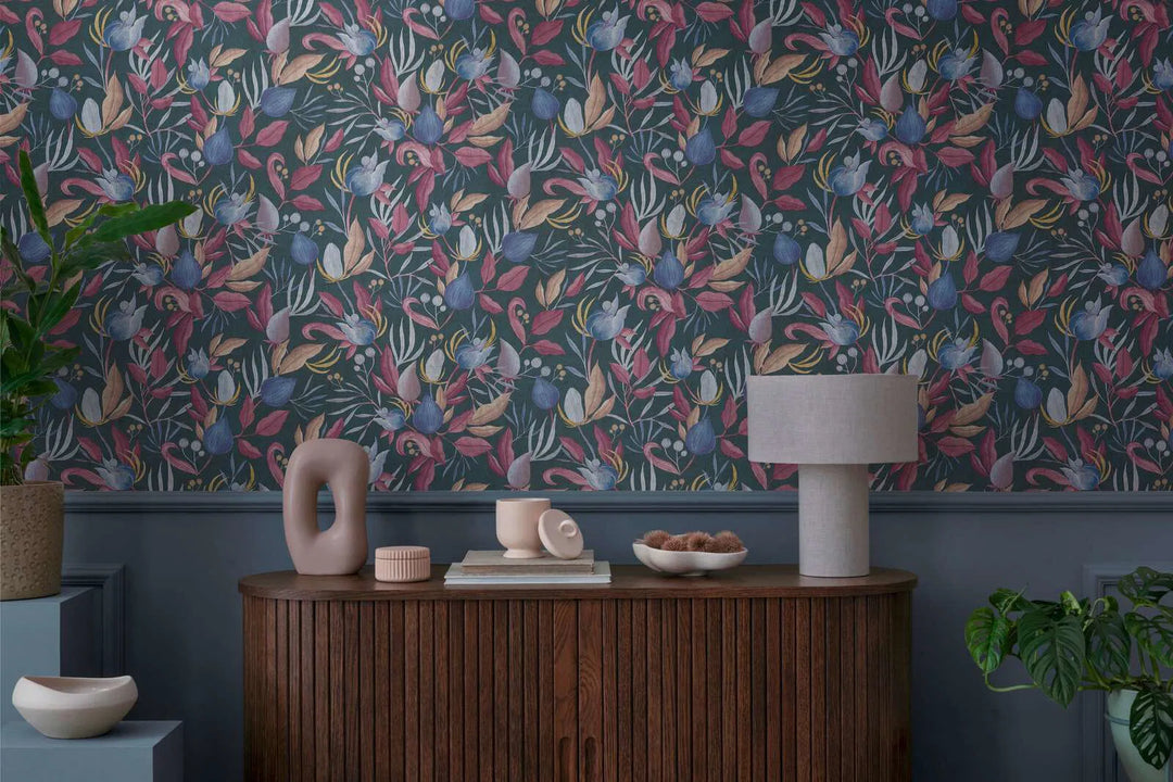 Элегантные обои на нетканой основе с тропическими цветами | голубые, розовые - 3010137