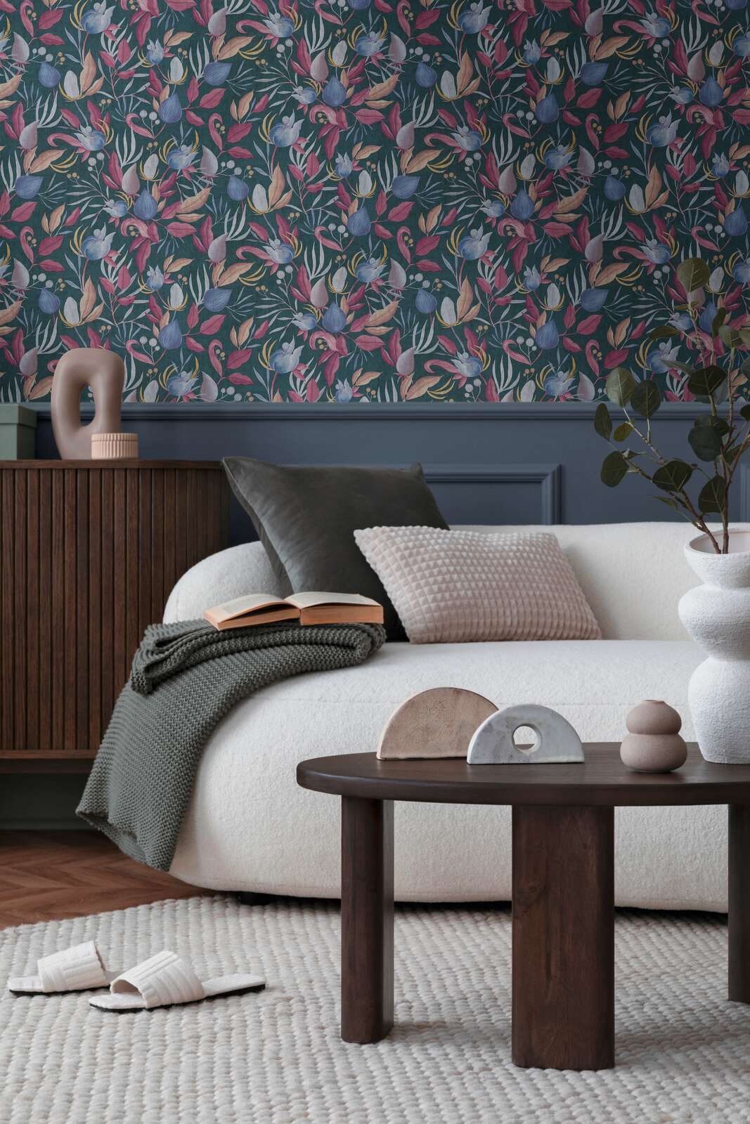 Элегантные обои на нетканой основе с тропическими цветами | голубые, розовые - 3010137