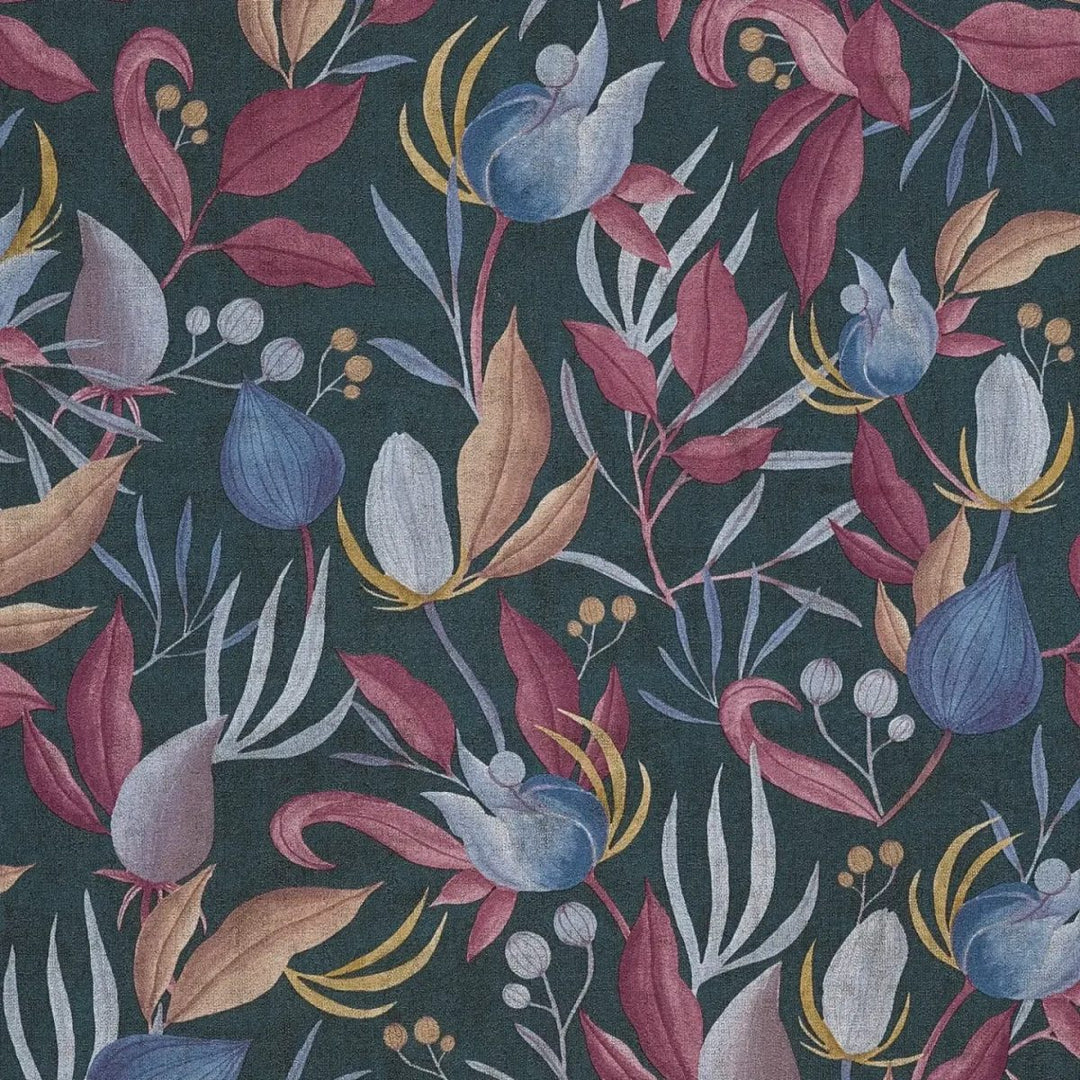 Элегантные обои на нетканой основе с тропическими цветами | голубые, розовые - 3010137